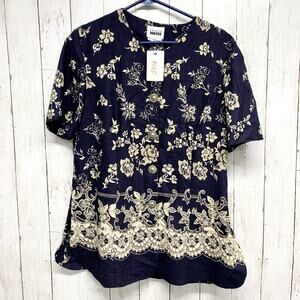 Vintage Leslie Faye Dresses Shirt Women Size 14 Floral Gold Button Front Blouse